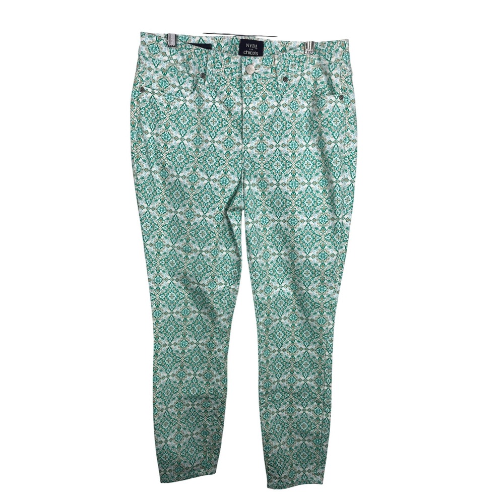 NYDJ for Chico's Boho Medallion Print Skinny Jeans 6 Green High Rise Lift Tuck